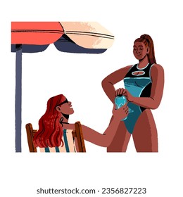 People relax on beach. Young woman in swimsuit sunbathing on summer resort. Girls with tanned skin lounge on vacation, rest under sun umbrellas. Flat isolated vector illustration on white background