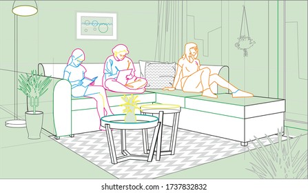 Die Gäste entspannen auf der Couch im Inneren des Zimmers