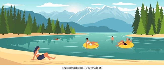 People relax on a mountain lake with a sandy beach against the backdrop of a picturesque landscape of mountains and forests. Friends are swimming in the lake on vacation. Family holiday.