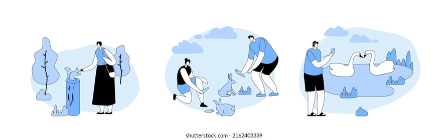 People Relax on Nature, Spend Time in Park Feeding Wild Animals and Swans. Male Female and Characters Outdoors Leisure in Open Air Zoo, Family Summer Time Sparetime. Cartoon Vector Illustration