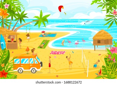 People relax on ocean beach, enjoy summer vacation with friends on tropical island, vector illustration. Men and women cartoon character, summertime leisure travel, beach recreation, paradise vacation