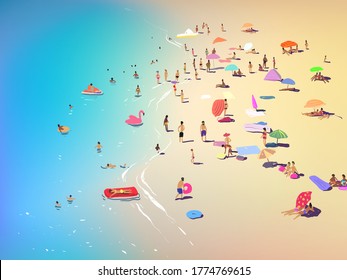 People relax on the sandy beach. Resort. Hand drawn sketch. Vector illustration.