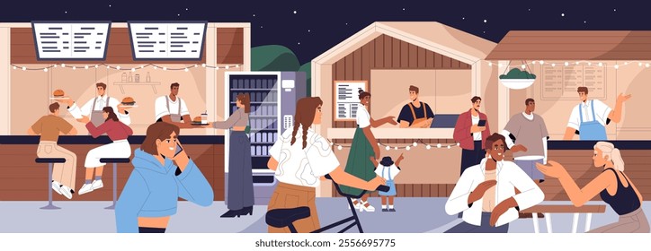 People relax, ordering street fastfood on food court outdoors panorama. Happy men, women, kids buy eating, drink, snacks in stalls, kiosks, counters, talk in summer evening. Flat vector illustration