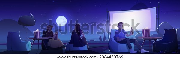 People relax in outdoor cinema at night\
summer landscape. Men and women in open air movie theater sit on\
beanbag chairs with beer and pop corn watching movie on huge screen\
Cartoon vector\
illustration