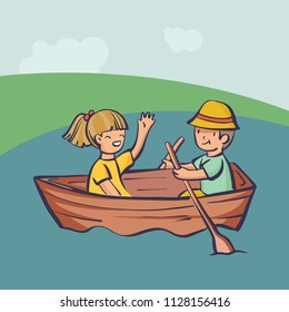 People relax outdoor, couple in a boat. Cartoon style vector illustration, simply editable image