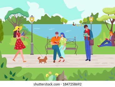 People relax at park nature, cartoon girl guy read book outdoor, vector illustration. Cartoon happy young man woman charcater at summer background. Flat tree, leisure, garden landscape.