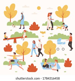 People relax in park vector illustration. Cartoon flat woman man couple characters or family with kid have fun in summer city park, walk, do yoga outdoor exercises, relaxing weekend isolated on white