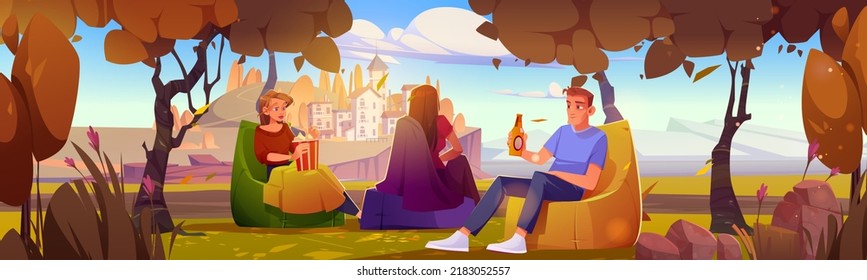 People relax at scenery autumn landscape with Mediterranean buildings on cliff. Tourists man and women with beer and popcorn sitting under trees, travel, outdoor leisure, Cartoon vector illustration