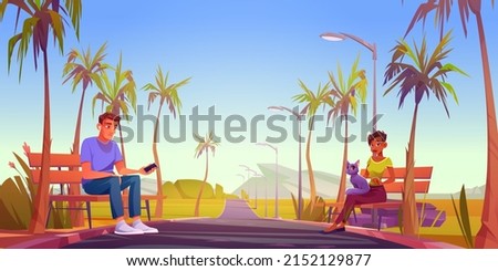 People relax sitting at roadside benches at landscape with empty road and palm trees perspective view. Man listening music via smartphone and woman with cat on knees, Cartoon Vector illustration
