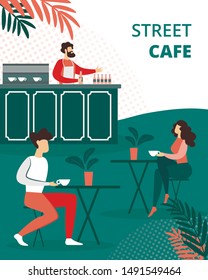 People Relax in Street Summer Cafe Outdoors Drinking Tea, Bartender Holding Bottle on Counter Desk, Characters Relaxing Open Air Restaurant Vacation. Cartoon Flat Vector Illustration, Vertical Banner