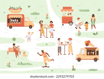 People relax in summer park with drinks, ice cream and food. Popsicle van, hot dog truck, skater drink coffee, happy children with fast food. Vector public park with mobile café. Outdoor weekend.