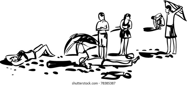 People relax and sunbathe on the shore beach