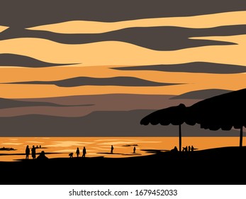 La gente se relaja, el atardecer en la playa.