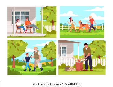 People relax in village semi flat vector illustration set. Farmer during daytime sit on patio. Children play with dog. Going to fish. Rural lifestyle 2D cartoon characters for commercial use