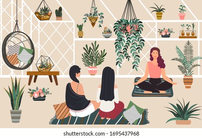People relax yoga and meditation in greenhouse hygge home, women siiting in scandinavian style room with green plants relaxing flat vector illustration. Relaxation in greenery home garden.