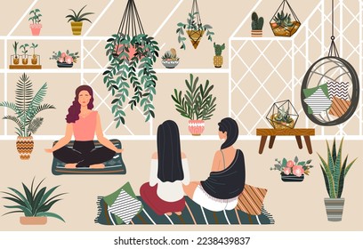 People relax yoga and meditation in greenhouse hygge home, women siiting room with green plants relaxing flat vector illustration.