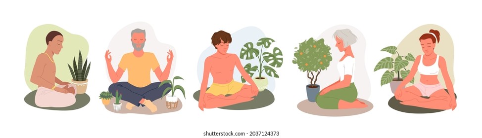 People relax in yoga meditation set, young man woman meditate in zen lotus position