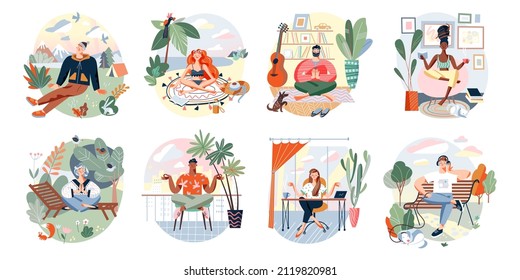 People relax in yoga zen poses set vector illustration. Cartoon person sitting in calm lotus position, relaxing in office, home or park for mind balance and wellness, meditation isolated on white