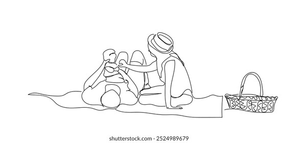 As pessoas relaxam e se refrescam sentam no jardim. Feliz piquenique em família uma linha desenho contínuo. Casal vetor com comida, lanches e refeições. Vetor feito à mão não AI.