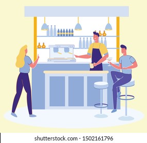 People Relaxing in Alcohol Bar Drink Cocktails and other Beverages. Barman Welcoming Clients. Modern Cafe or Pub Interior with Visitor, Bartender and Waitress Characters. Flat Vector Illustration.