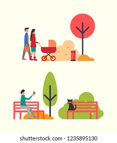 People relaxing in autumn park, family with pram vector. Man playing with bird, cat on wooden bench surrounded by green bushes. Fall season trees