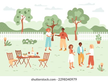 Gente relajándose en el patio trasero. Mujeres y hombres hablando. Fiesta de barrio, amigos y reunión de vacaciones familiares. Fin de semana en el jardín. Celebración al aire libre. Ilustración vectorial en verano.