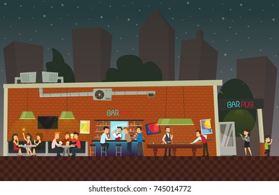 people are relaxing at the bar. customers have fun in the restaurant at night. vector