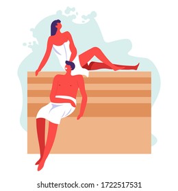 People relaxing in bathhouse together, man and woman wrapped in towels sitting on wooden benches. Therapy and treatment, husband and wife in spa russian or finnish sauna. Wellness and body care vector