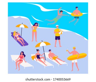 People relaxing at beach flat vector illustration. Cartoon various characters sunbathing under umbrella, swimming in ocean and playing games. Vacation and summer activity concept
