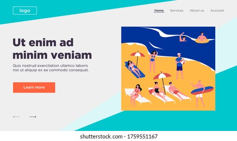 People relaxing at beach flat vector illustration. Cartoon various characters sunbathing under umbrella, swimming in ocean and playing games. Vacation and summer activity concept