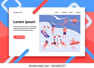 People relaxing at beach flat vector illustration. Cartoon various characters sunbathing under umbrella, swimming in ocean and playing games. Vacation and summer activity concept