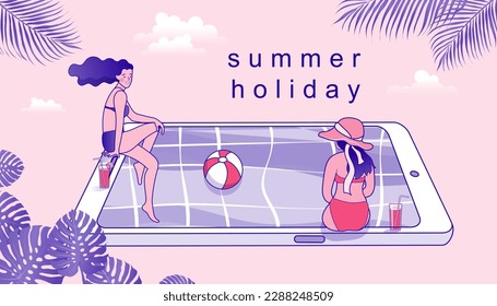 People relaxing at the beach and swimming in a smartphone pool, Girl in bikini with mobile phone. Flat Cartoon woman Character. vector outline.