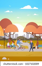 People Relaxing In Beautiful Autumn Urban Park Walking Riding Bicycle And Communicating Flat Vector Illustration