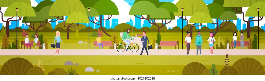 People Relaxing In Beautiful Urban Park Walking Riding Bicycle And Communicating Horizontal Banner Flat Vector Illustration