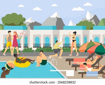People relaxing by hotel house, resort swimming pool, flat vector illustration. Pool party. Summer vacation.