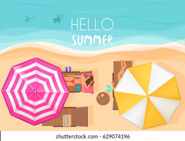 People relaxing by the ocean with hello summer words. Vector illustration. Exotic summer vacation top view.