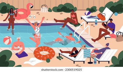 People relaxing by pool on summer holiday, vacation. Happy young men, women swimming in water, sunbathing, resting on sunbeds at weekend. Summertime leisure, relaxation. Flat vector illustration