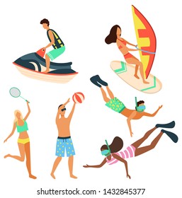 People relaxing by seaside vector, man and woman playing tennis at beach. Windsurfing and water jet scooter transport for summer fun, snorkeling divers hobby. Summertime activity