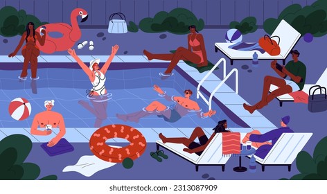 La gente se relaja en la piscina de agua por la noche. Jóvenes, mujeres descansando en fiestas nocturnas en vacaciones de verano, fin de semana, nadando, relajándose en las tumbonas. El ocio en verano. Ilustración vectorial plana