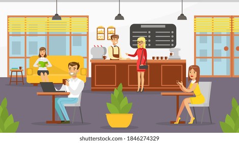 People Relaxing in Cafe Shop, Male Barista Serving Customers at Counter Vector Illustration