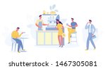 People Relaxing in Cafe Shop. Modern Place Interior to Meet, Drink and Eat, Chat, Have a Rest, Enjoy Free Time, Barista Make Coffee for Public, Hospitality, Spare Time Cartoon Flat Vector Illustration