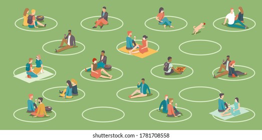 
People relaxing in the city park. Circles on the grass helps people to keep social distance. BBQ area. Social distancing during coronavirus COVID-19 quarantine. Flat vector illustration