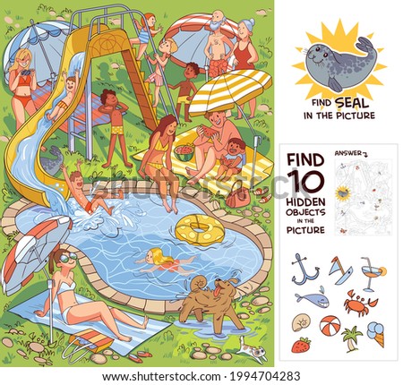 People relaxing in the courtyard by the pool with water attractions. Find 10 hidden objects in the picture. Find Seal. Puzzle Hidden Items. Funny cartoon character. Vector illustration