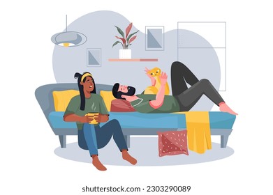 People relaxing in a cozy bedroom yellow concept with people scene in the flat cartoon design. Young couple after a hard day's work rest together in the cozy bedroom. Vector illustration.