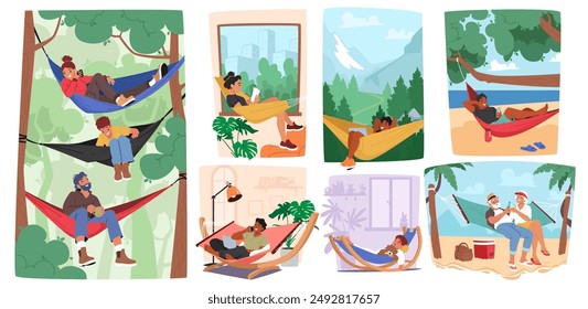 People Relaxing In Hammocks In Diverse Environments Including Forests, Beaches, Mountains, And Indoor Spaces. Images Convey Tranquility, Leisure And Enjoyment While Lounging In Nature Or Cozy Settings