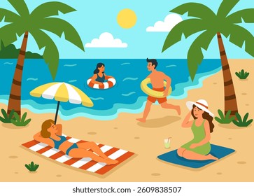 People Relaxing and Having Fun at the Beach – Summer Vacation Illustration