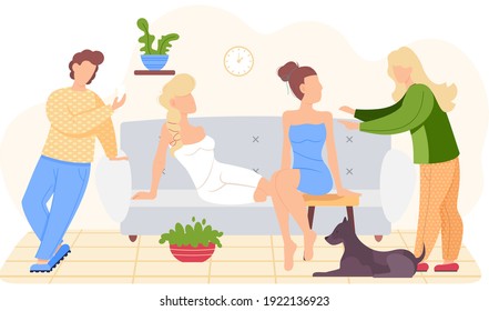 People are relaxing at home. Characters resting or thinking about something good. Girls in underwear spend time in apartment. Friends are comunicating ans spending time together in living room