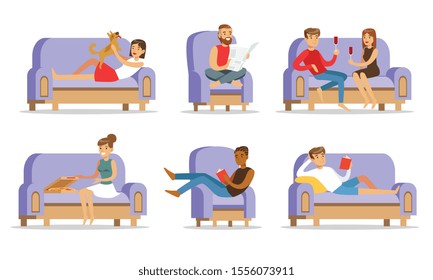 People relaxing at home on the couch. Vector illustration.