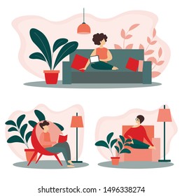 People Relaxing at Home Set. Young Woman and Sitting on Cozy Armchair and Sofa in Living Room with Modern Interior Design and Potted Plants Leisure, Weekend Spare Time Cartoon Flat Vector Illustration