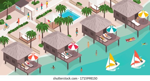 People Relaxing At The Luxury Beach Resort And Practicing Social Distancing, Isometric Illustration